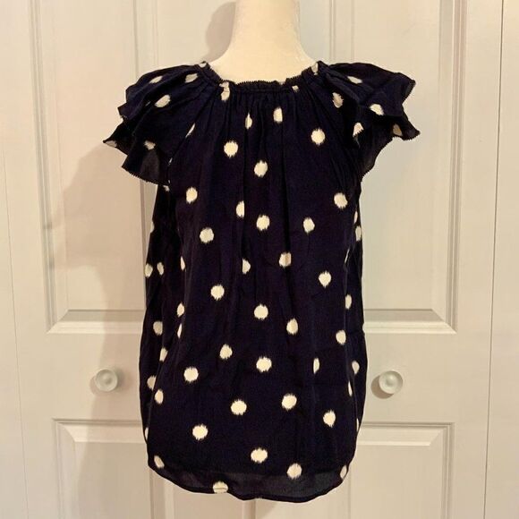 A New Day Navy Blue Circle Print Flutter Short Sleeve Rayon V Neck Top Small New - Picture 7 of 9